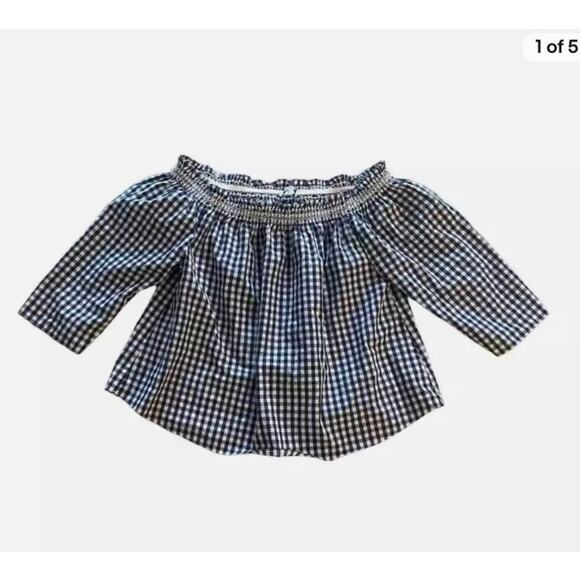 Madewell Smocked Gingham Off the Shoulder Navy and White Top XS (2369) - Picture 2 of 6
